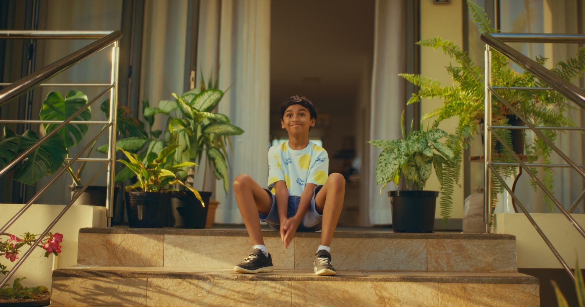 A boy grins on sunlit front steps between potted plants